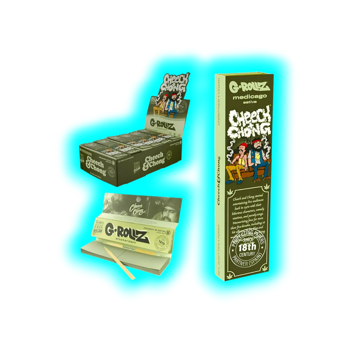 G-Rollz Cheech Chong Sofa Medico Sativo King Slim Papers + Tips Display 24pcs