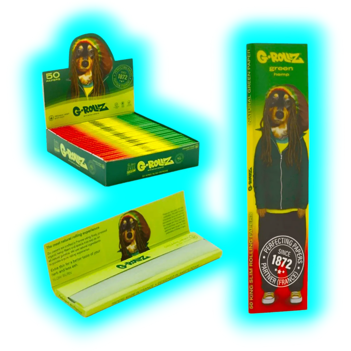 G-Rollz Pets Rock Reggae Organic Green Hemp King Slim Papers Display