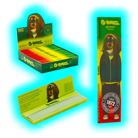G-Rollz Pets Rock Reggae Organic Green Hemp King Slim Papers Display