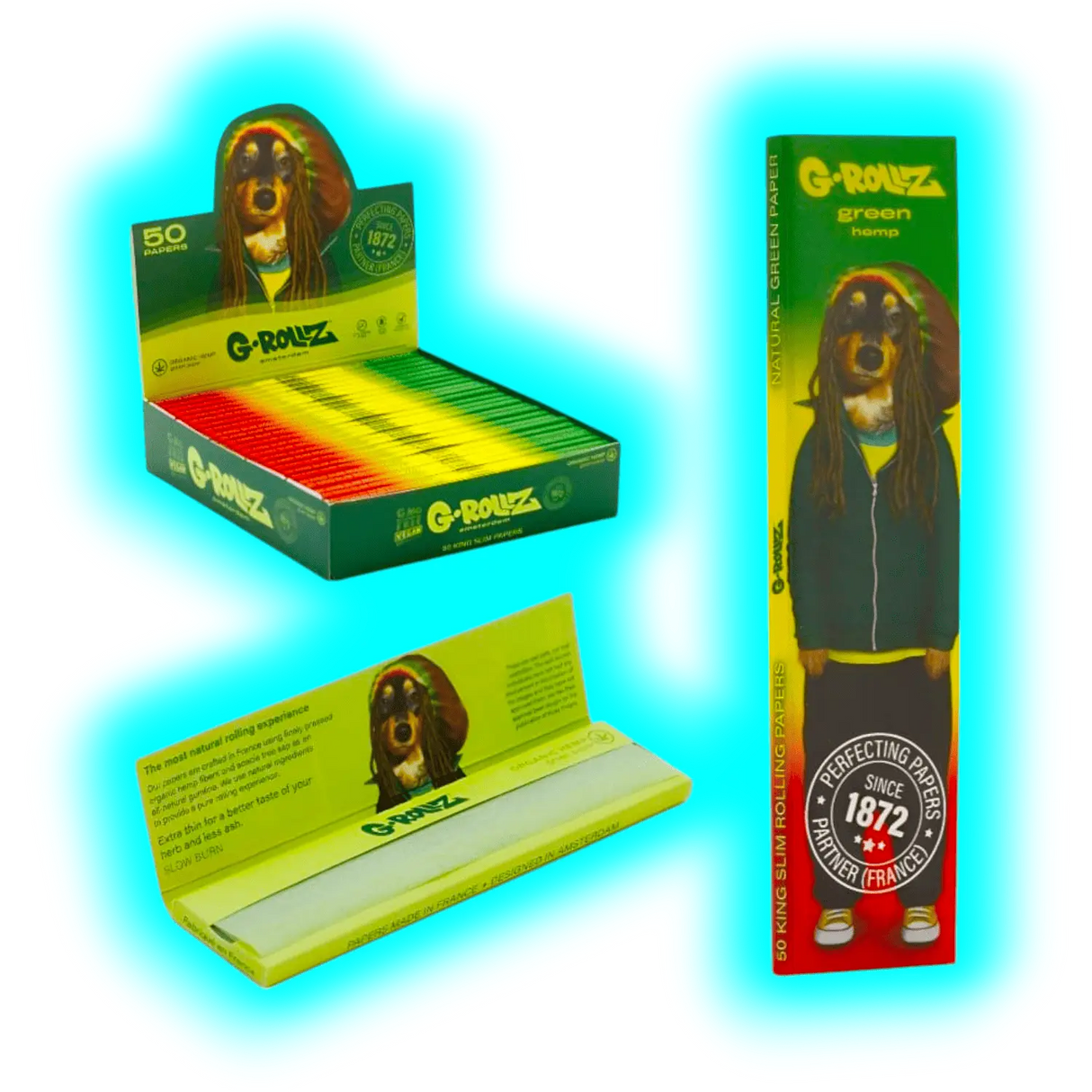 G-Rollz Pets Rock Reggae Organic Green Hemp King Slim Papers