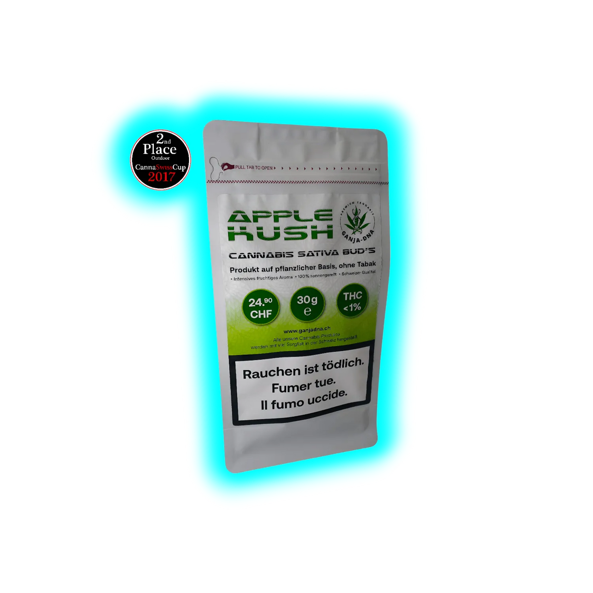 Verpackung mit der Aufschrift 'APPLE KUSH CANNABIS SATIVA BUD'S' mit Preisangabe 24,90 CHF, 30 g Inhalt, THC <1 %, Warnhinweis 'Rauchen ist tödlich' in drei Sprachen und Auszeichnung '2nd Place Outdoor CannaSwissCup 2017'