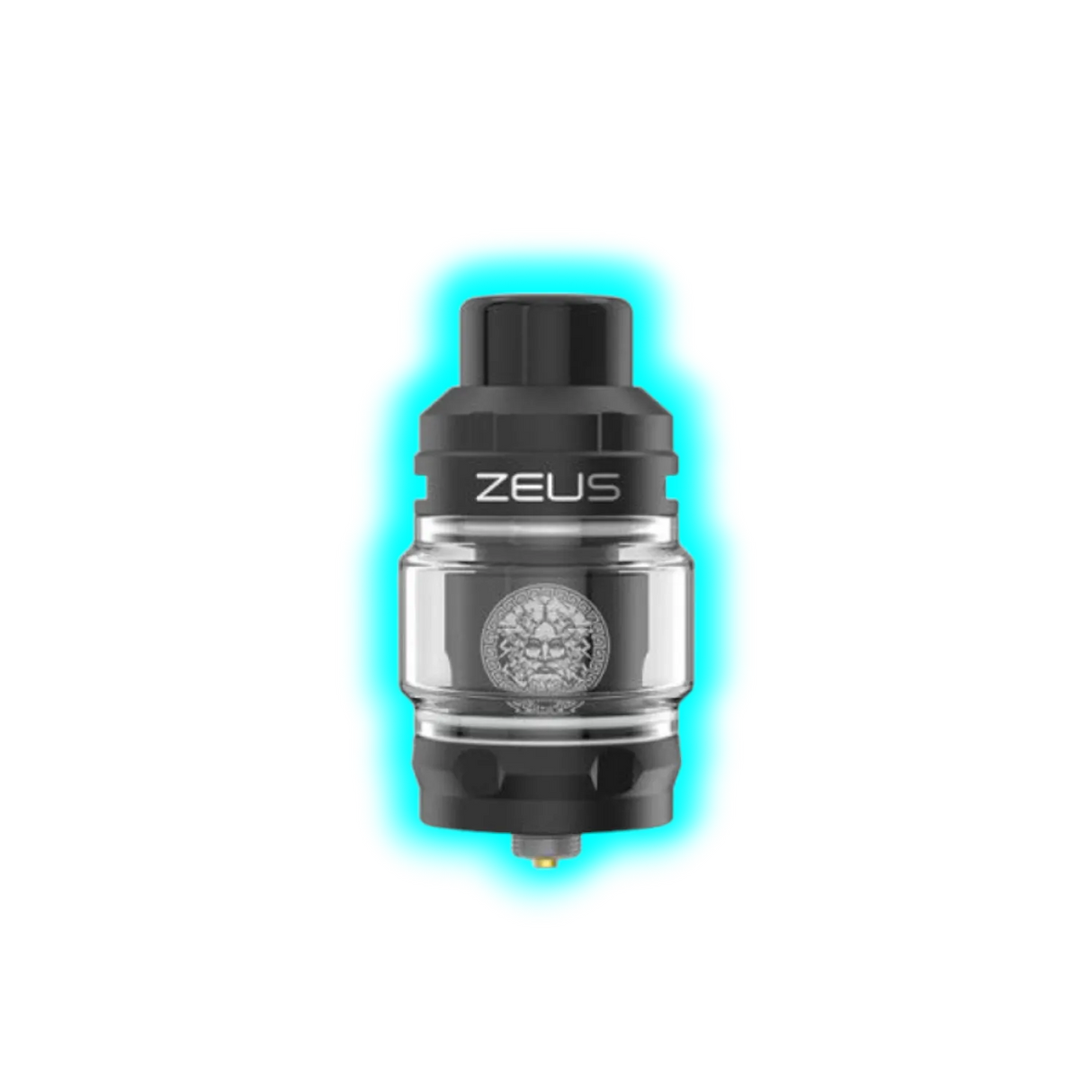 Nahaufnahme eines schwarzen Geek Vape Zeus Sub-Ohm-Tanks mit 5-ml-Glas und weißer Aufschrift 'ZEUS'