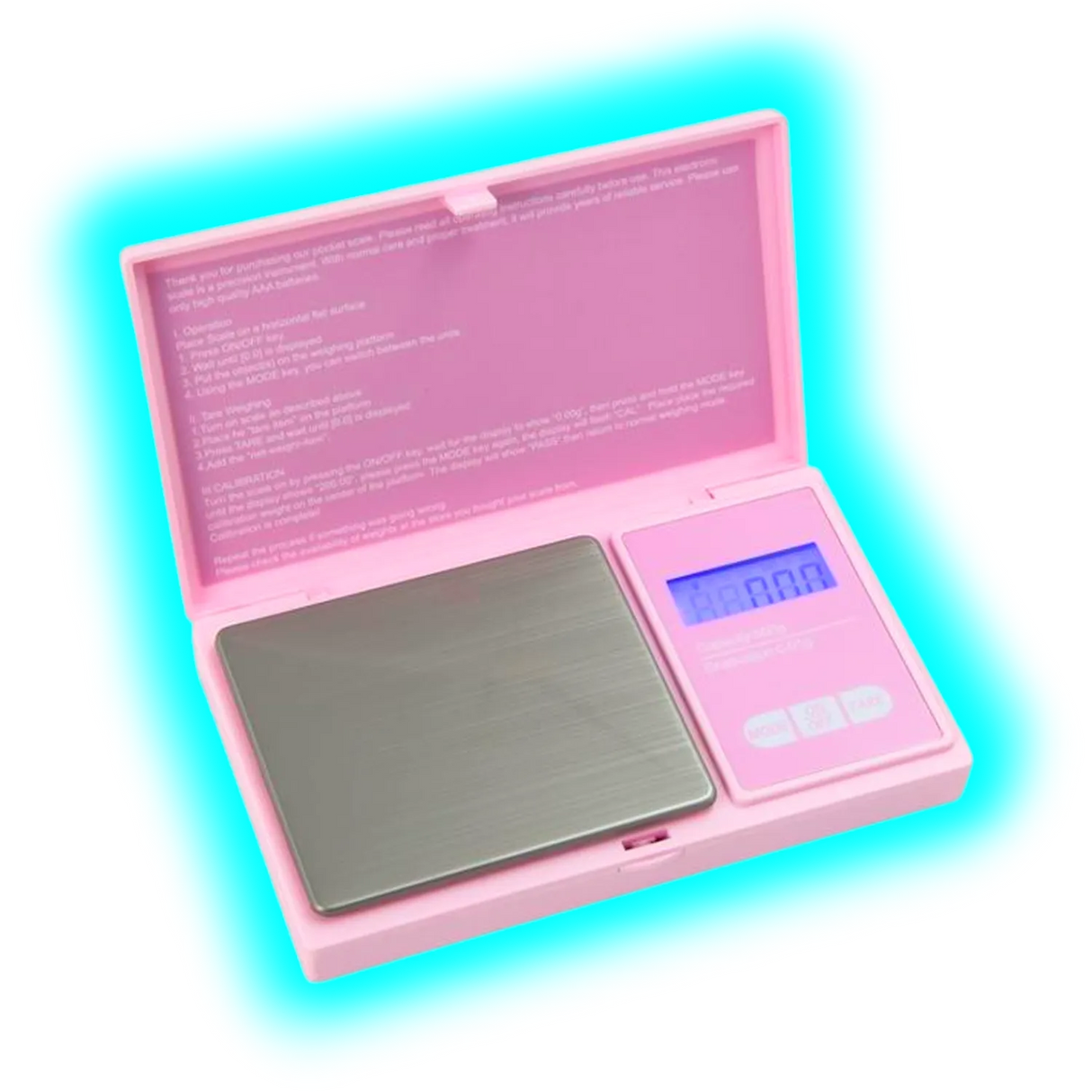 Digitale Feinwaage mit rosa Kunststoffgehäuse, geöffnetem Schutzdeckel, Wiegefläche aus Edelstahl und beleuchtetem Display mit drei Bedientasten