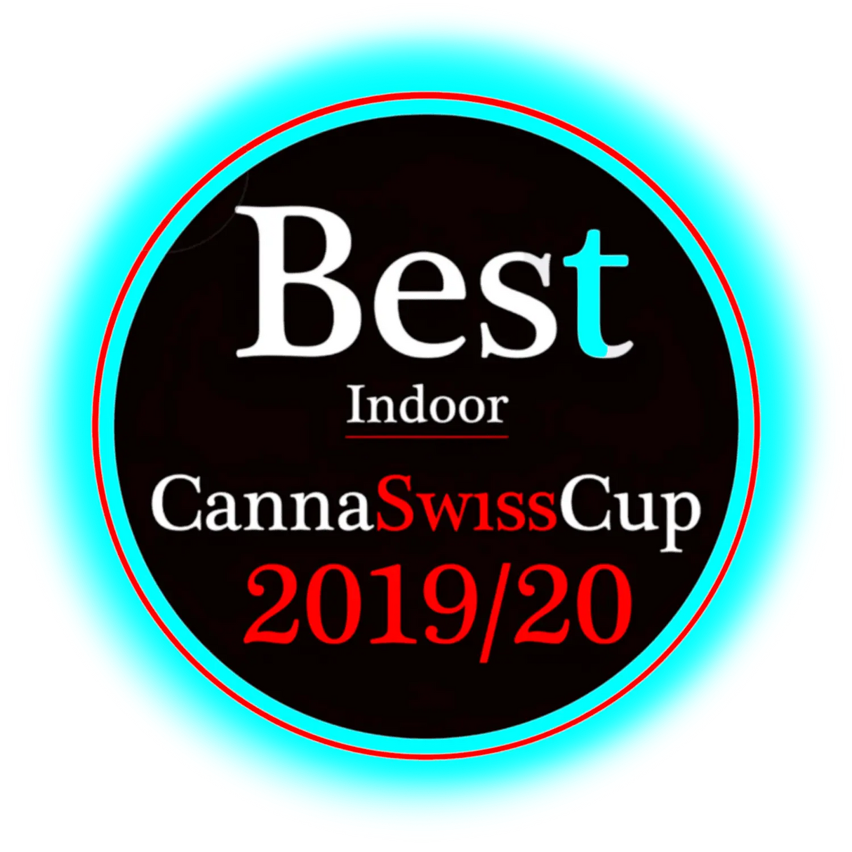 Rundes Logo mit einer leuchtend blauen Kontur und der Aufschrift „Best Indoor CannaSwissCup 2019/20“ in Weiß und Rot auf einem schwarzen Hintergrund.