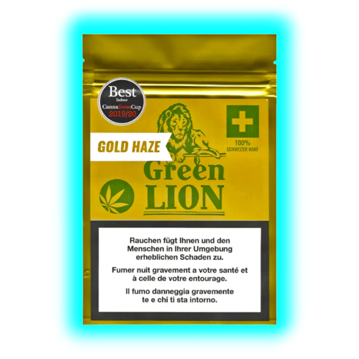 Goldgelbe Packung mit grünem Löwenlogo, Aufschrift ‚Green Lion GOLD HAZE‘ und dreisprachigen Warnhinweisen
