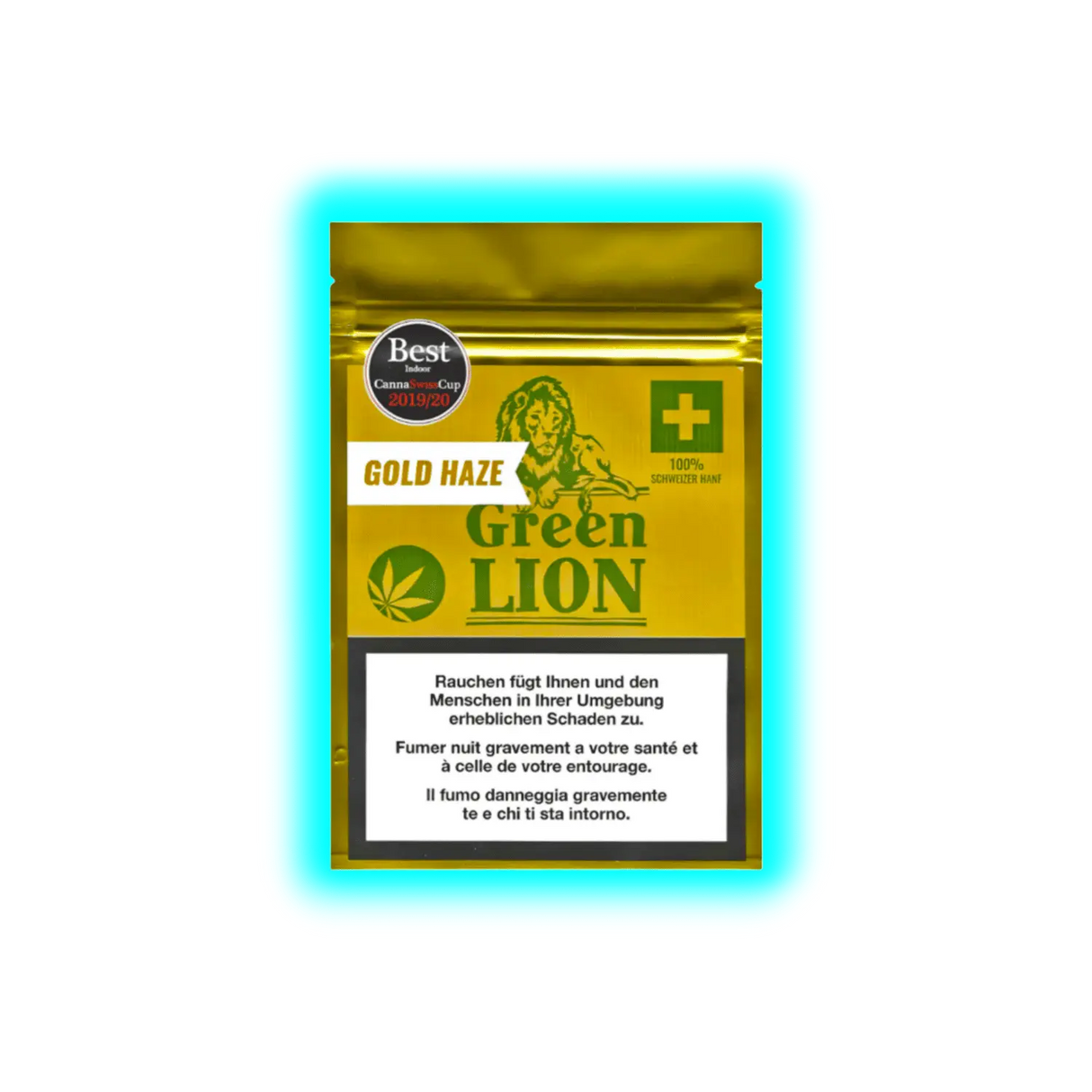 Goldgelbe Verpackung mit grünem Löwenlogo und der Aufschrift 'Green Lion GOLD HAZE' sowie einem Warnhinweis in Deutsch, Französisch und Italienisch