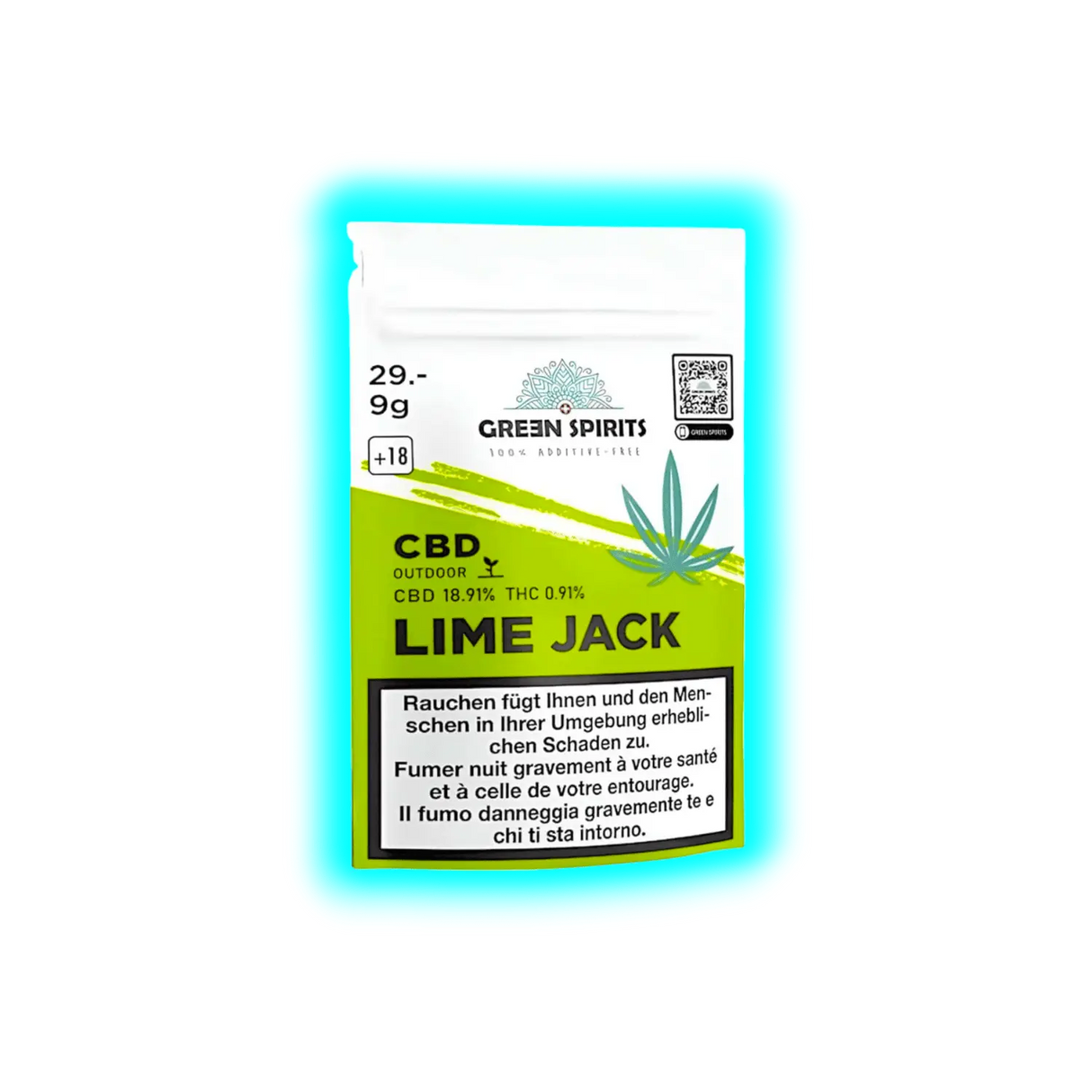 Verpackung mit der Aufschrift 'GREEN SPIRITS', 'CBD OUTDOOR LIME JACK', Angabe zu CBD- und THC-Gehalt sowie Warnhinweis in Deutsch, Französisch und Italienisch