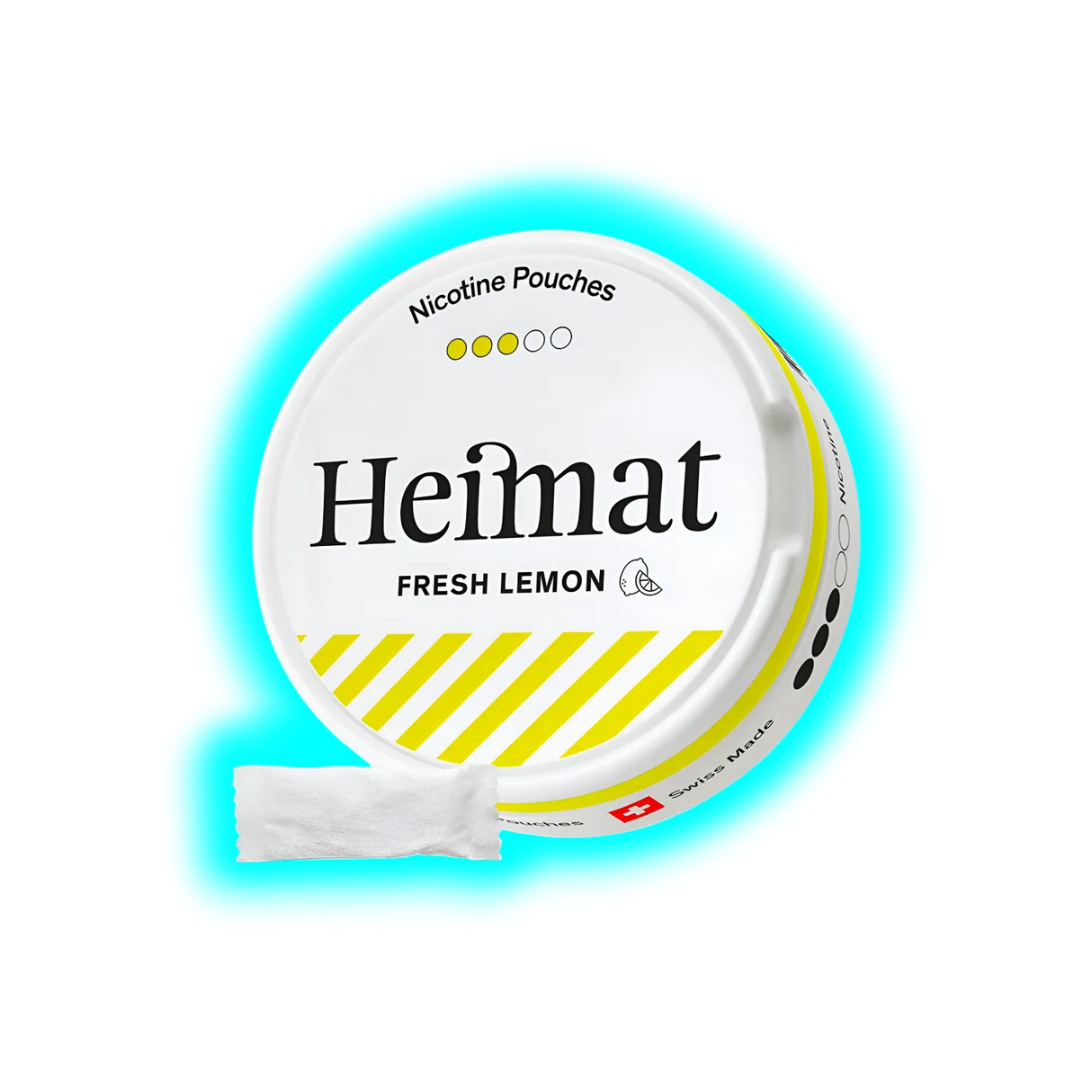 Runde Dose mit Aufschrift 'Heimat FRESH LEMON' und gelb-weißen Streifen, daneben ein weißes Päckchen mit Nikotinbeuteln