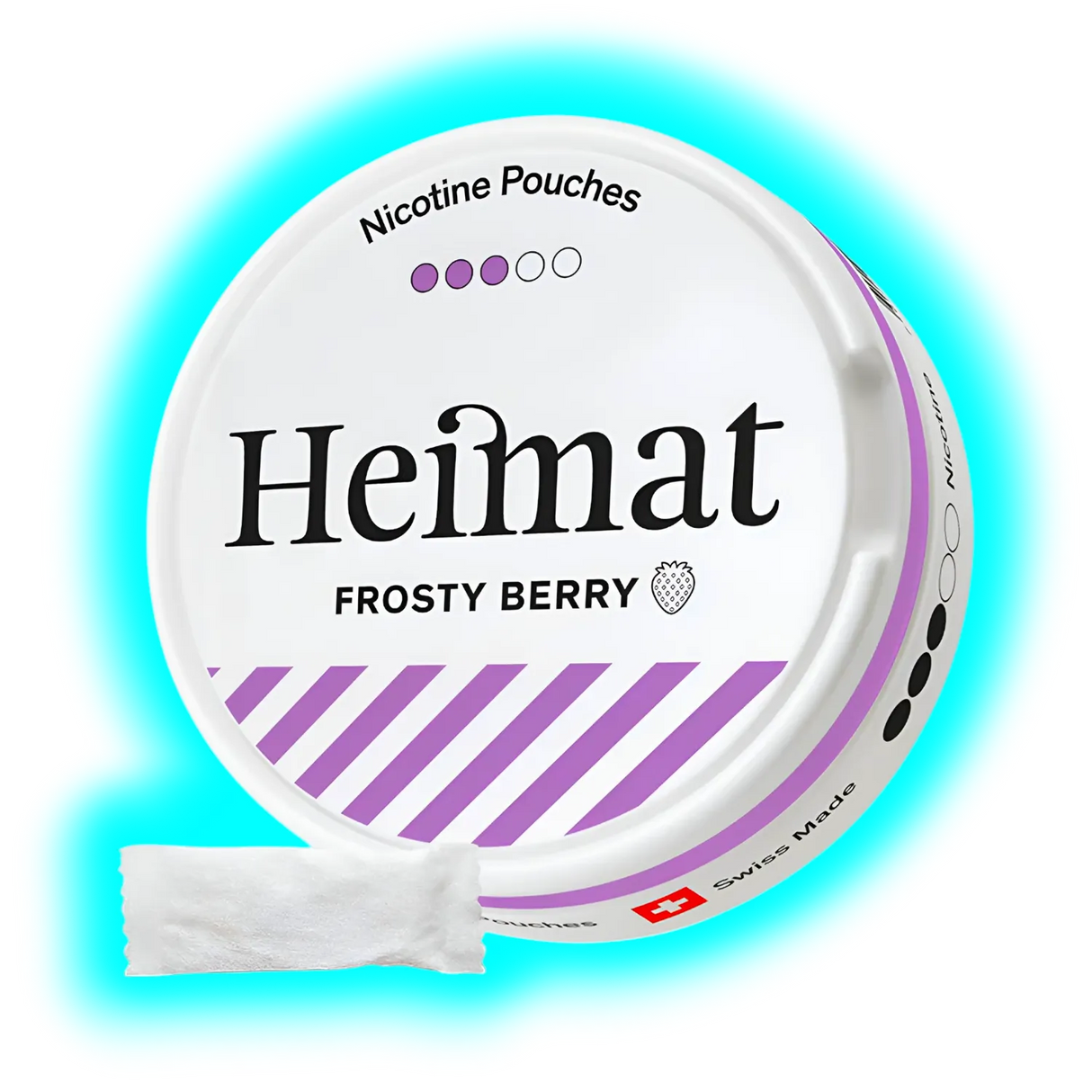 Runde Dose mit Schriftzug Heimat Frosty Berry und violetten Designstreifen sowie danebenliegendem weißen Portionsbeutel