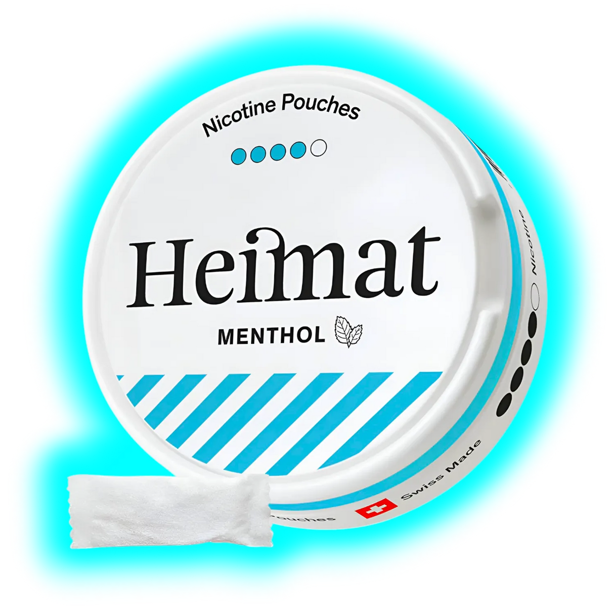 Runde Dose mit Schriftzug Heimat Menthol und davor platziertem weißen Portionsbeutel