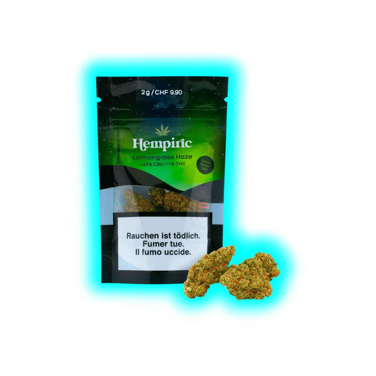 Verpackung mit der Aufschrift 'Hempiric Lemongrass Haze 2g CHF 9.90' und zwei CBD-Blüten davor, Warnhinweis in Deutsch, Französisch und Italienisch