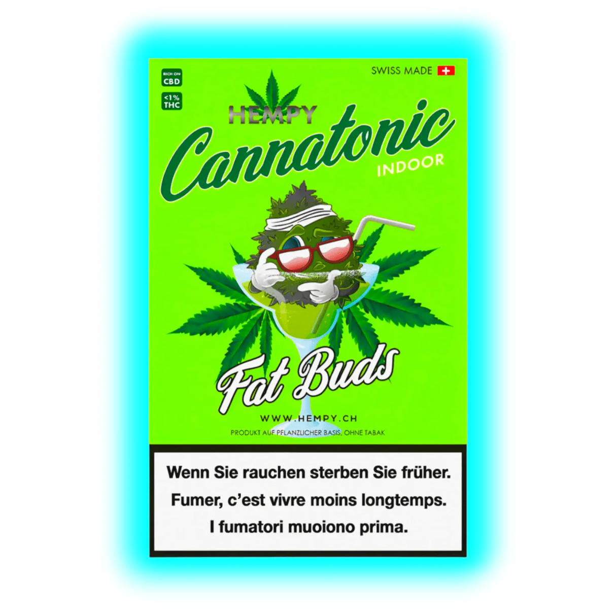 Hempy Cannatonic: Grüne Fat Buds Packung. Cartoon-Pflanze mit Sonnenbrille im Drink. Inklusive Warnungen zum Rauchen