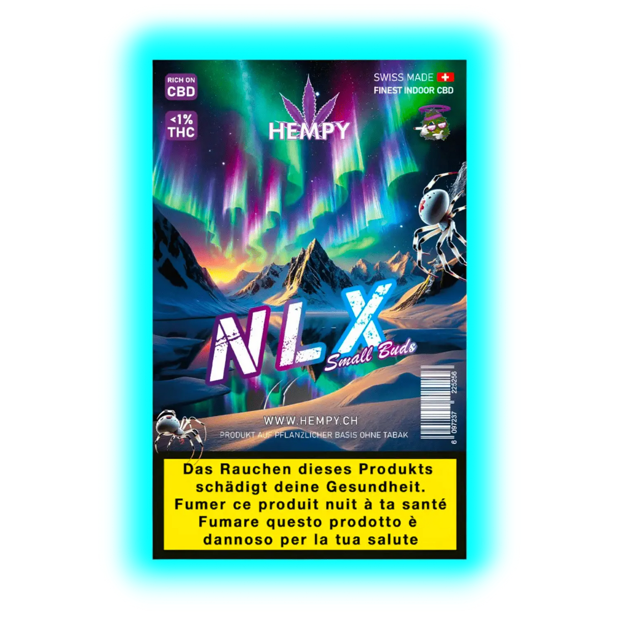 HEMPY NLX Small Buds‘ Packung mit Nordlichtern über Berglandschaft, CBD-Hinweis und mehrsprachigen Warntexten.