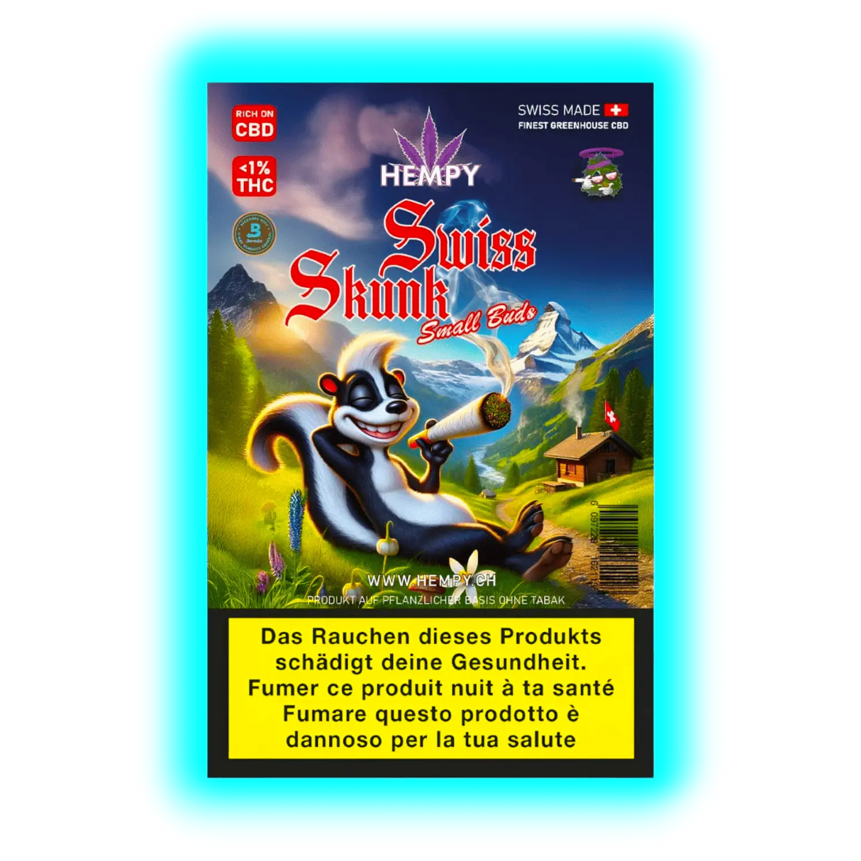 Hempy Swiss Skunk Small Buds‘: Entspanntes Stinktier vor Alpenpanorama mit Hütte und dreisprachigen Warnhinweisen
