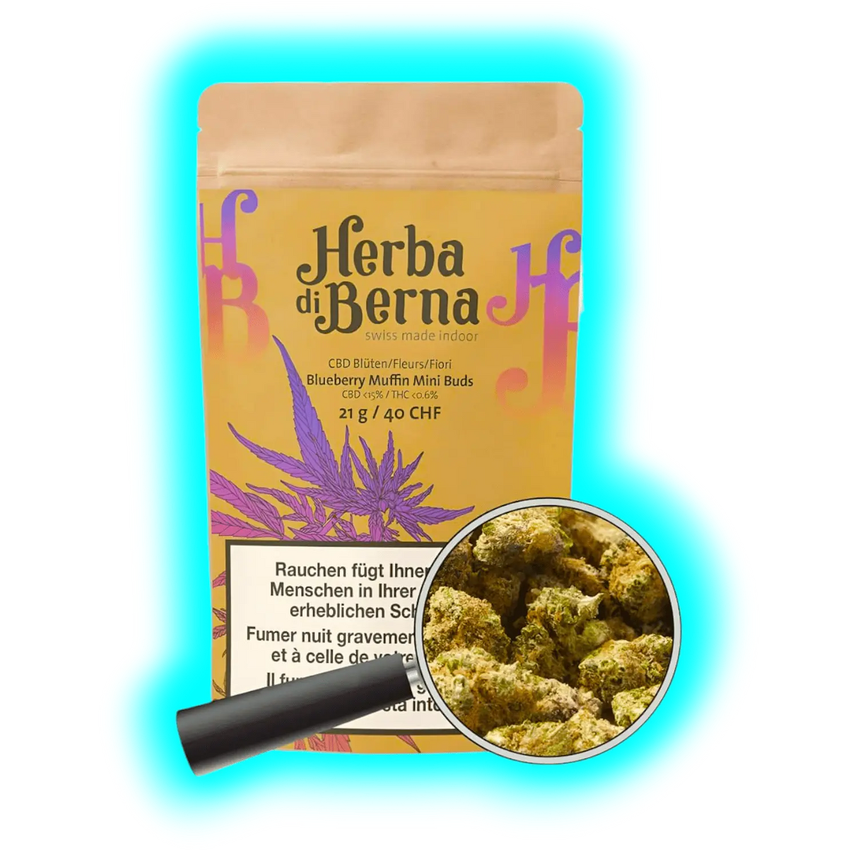 Nahaufnahme: Blueberry Muffin CBD. Design mit integrierter Lupen-Grafik, die Mini Buds von Herba di Berna vergrößert.