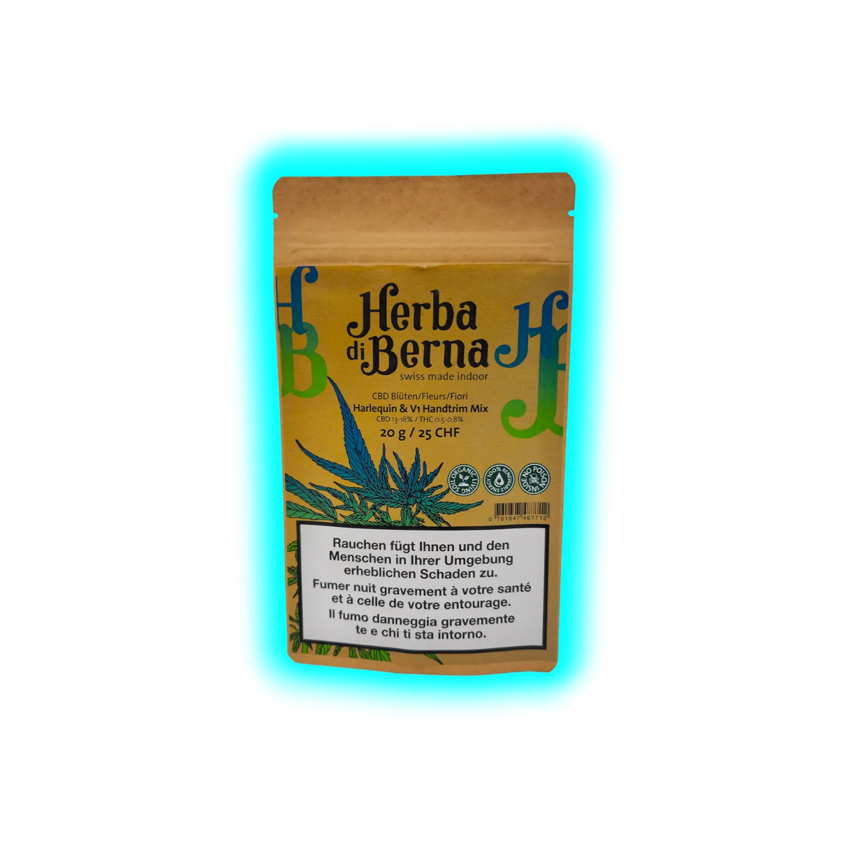 Die Frontalansicht zeigt die Verpackung der Herba di Berna HQ & V1 Handtrim Mix 20g Indoor CBD Blüten.