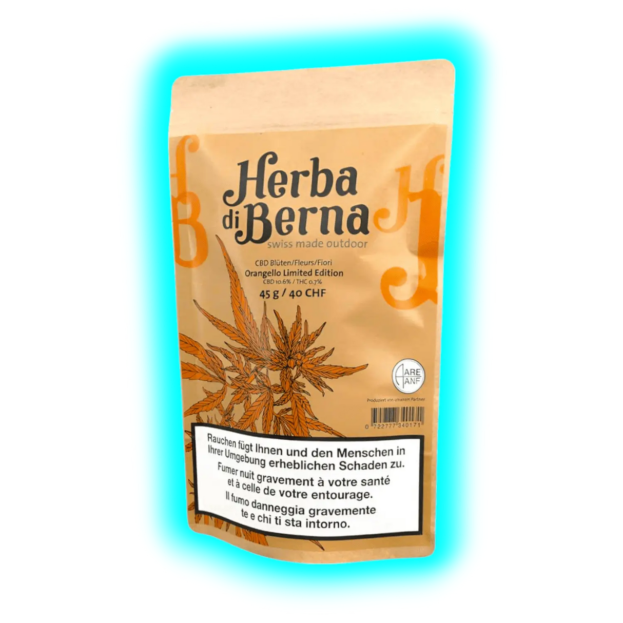 Orangello Limited Edition von Herba di Berna. Beutel mit Pflanzen-Motiv und obligatorischen Warnhinweisen in drei Sprachen
