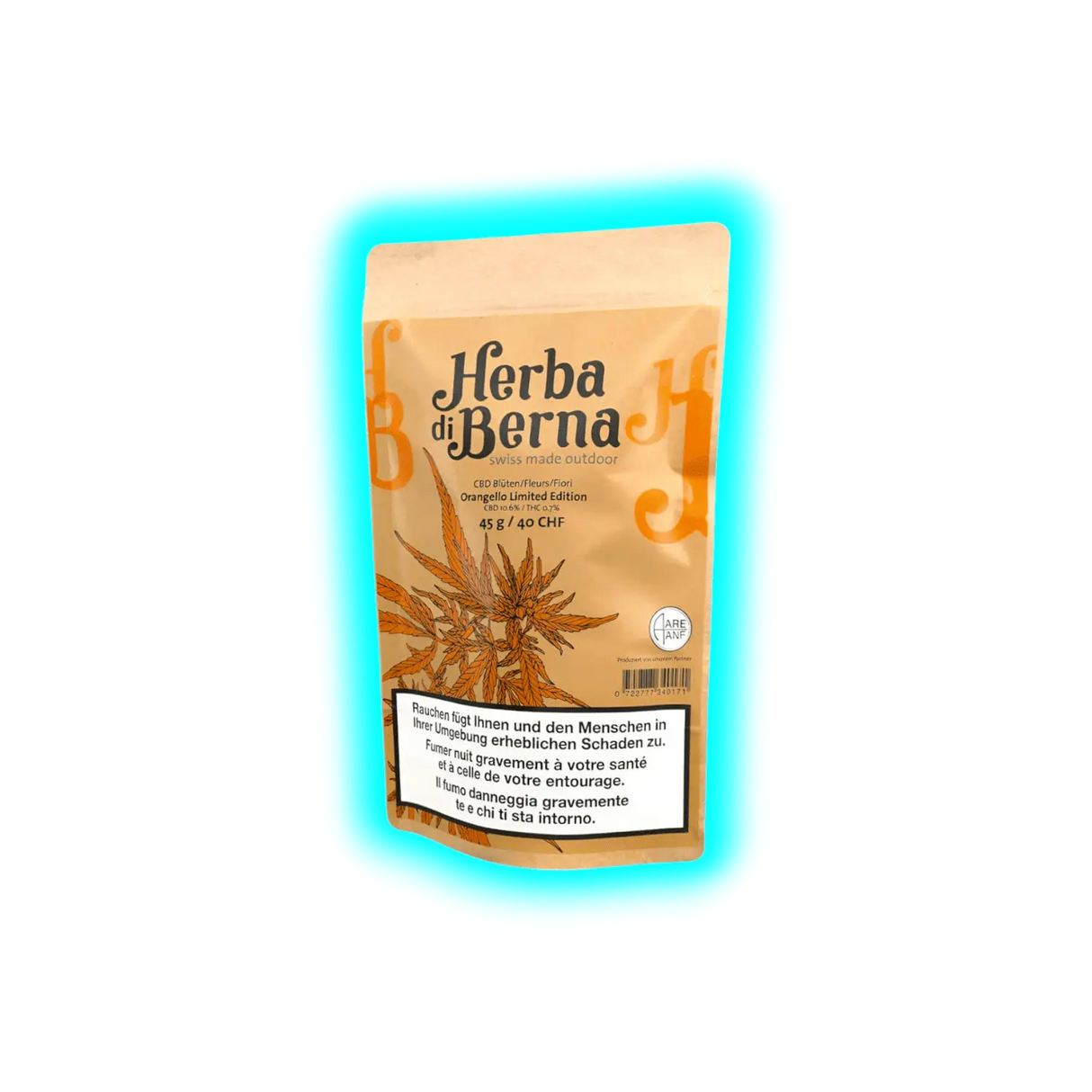 Beutel mit Herba di Berna CBD-Blüten in der Orangello Limited Edition mit Pflanzenillustration und Warnhinweis in Deutsch, Französisch und Italienisch