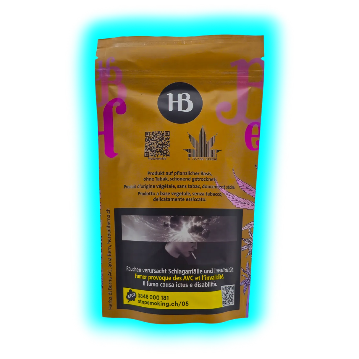 Herba di Berna Purple Punch Mini Buds 21g Indoor CBD Blüten Rückseite der Verpackung mit Barcode und Inhaltsstoffen Detailaufnahme