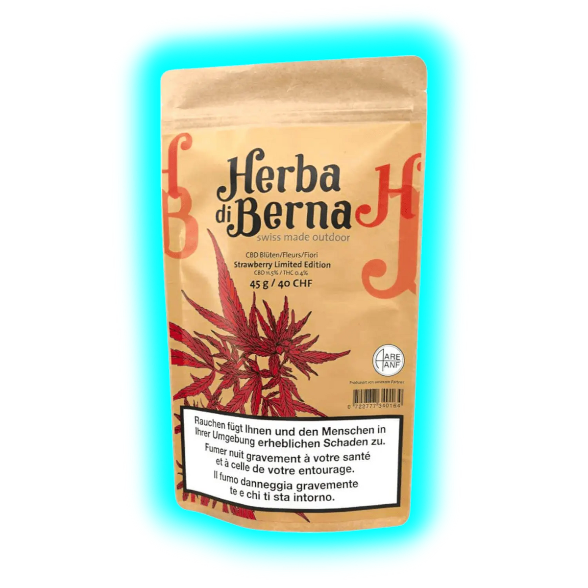 Herba di Berna: 45g Strawberry Limited Edition. Großpackung mit dreisprachigen Warnhinweisen zur Schädlichkeit des Rauchens