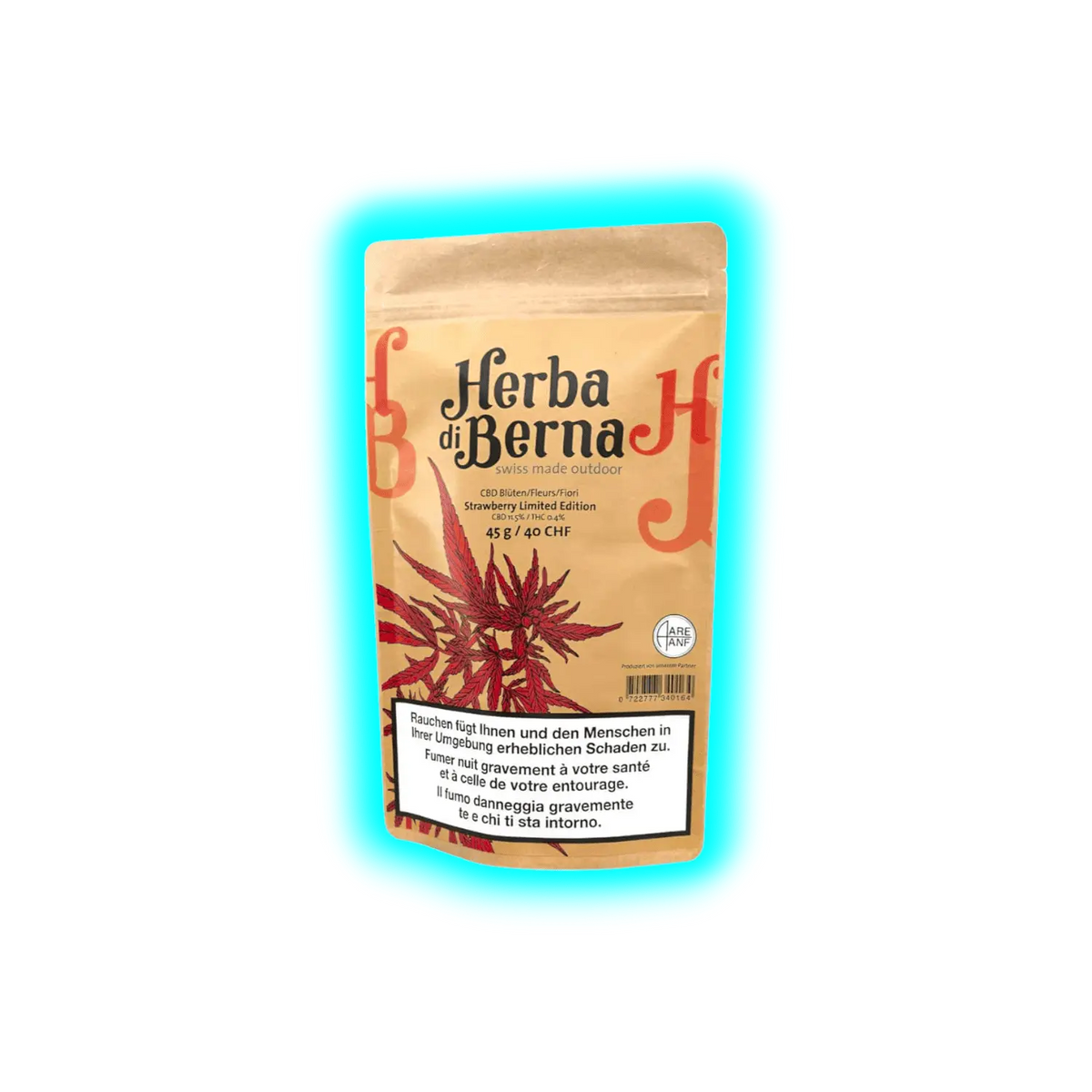 Verpackung mit der Aufschrift 'Herba di Berna', 'Strawberry Limited Edition', 45 g CBD-Blüten, mit Warnhinweis zum Rauchen in Deutsch, Französisch und Italienisch