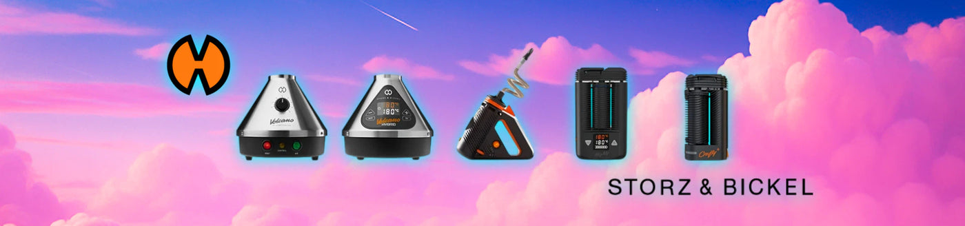 Storz und Bickel Verdampfer Modelle wie Volcano und Mighty vor farbigem Himmelshintergrund für moderne Vaporizer Nutzung
