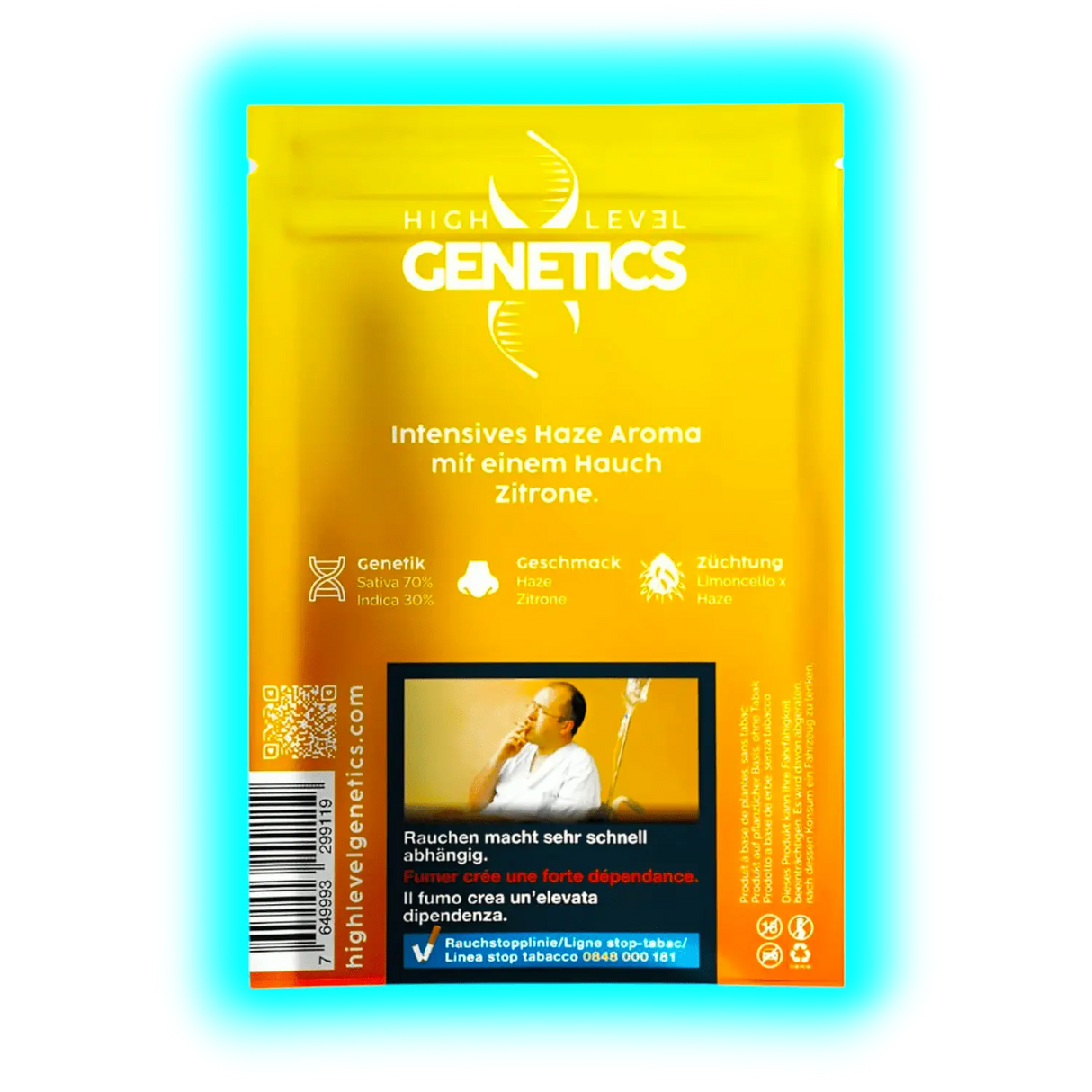 Gelbe ‚High Level Genetics‘ Packung mit Fokus auf Haze-Zitronen-Aroma und Warnhinweis zum schnellen Abhängigkeitsrisiko