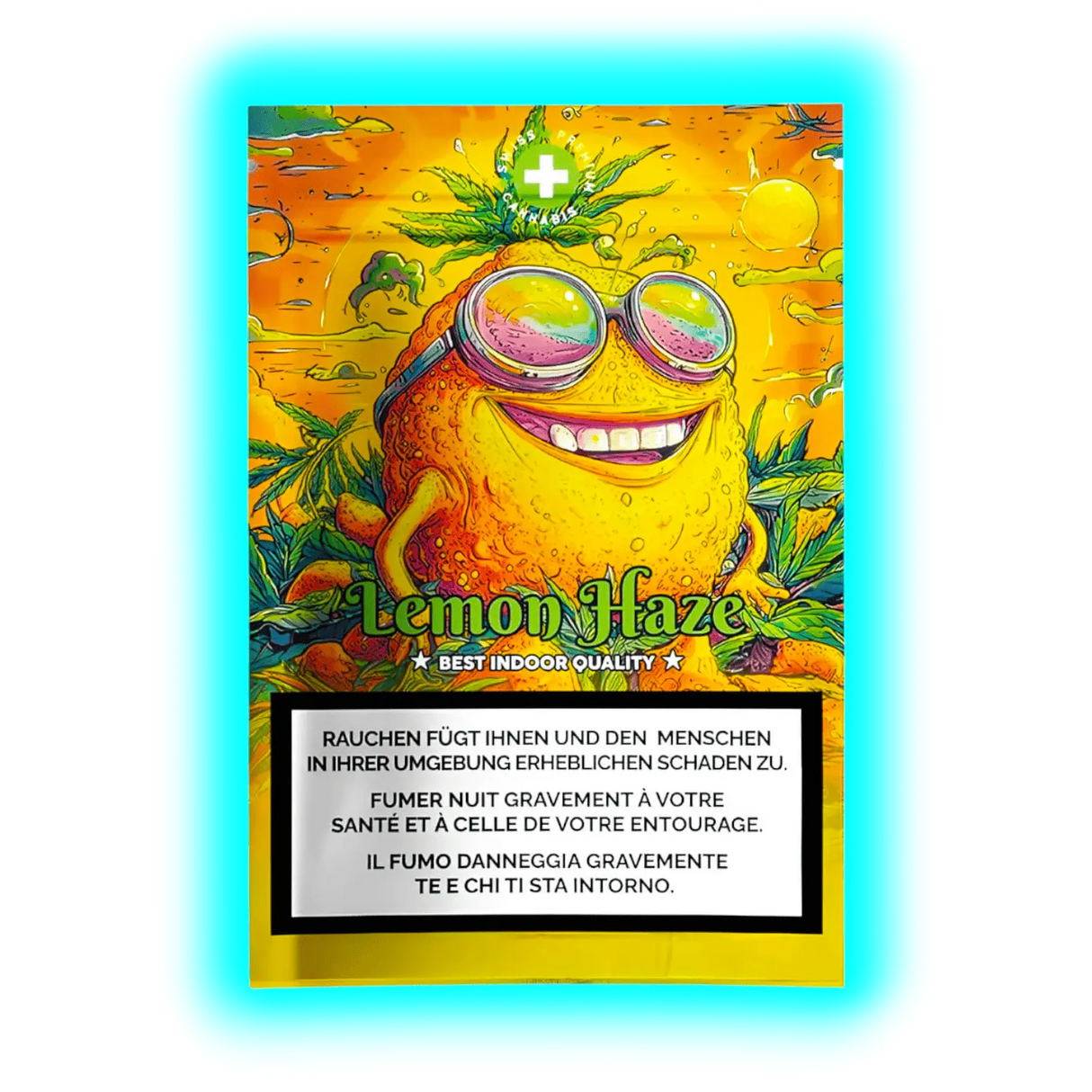 Lemon Haze CBD-Verpackung: Illustrierte Zitrone mit Sonnenbrille, Cannabis-Grafik und gesetzlichen Gesundheitshinweisen.