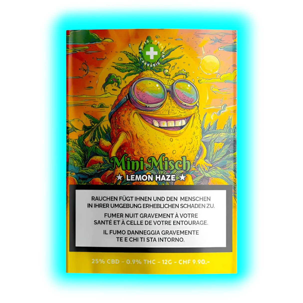 Zitronen-Illustration auf Misch Lemon Haze (25g). Sichtbare Details: 25% CBD, 0,9% THC, Preis CHF 19.90 und Warnhinweise.