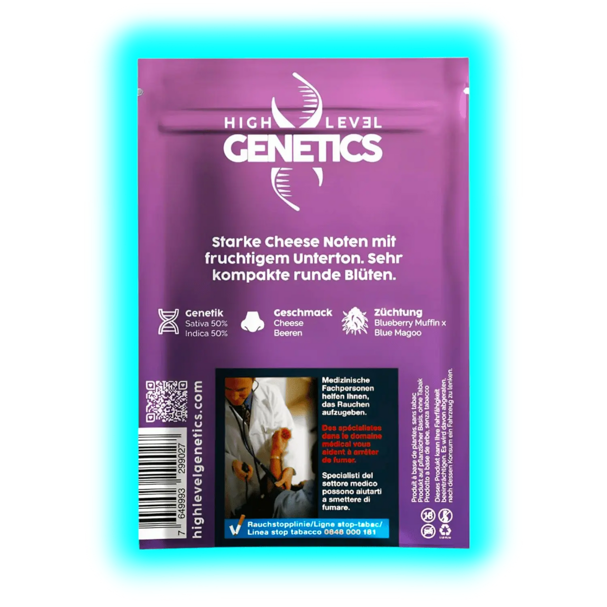 Violette ‚High Level Genetics‘ Packung mit Infos zu Genetik und Züchtung, QR-Code und mehrsprachigem Warnhinweis zum Rauchstopp.