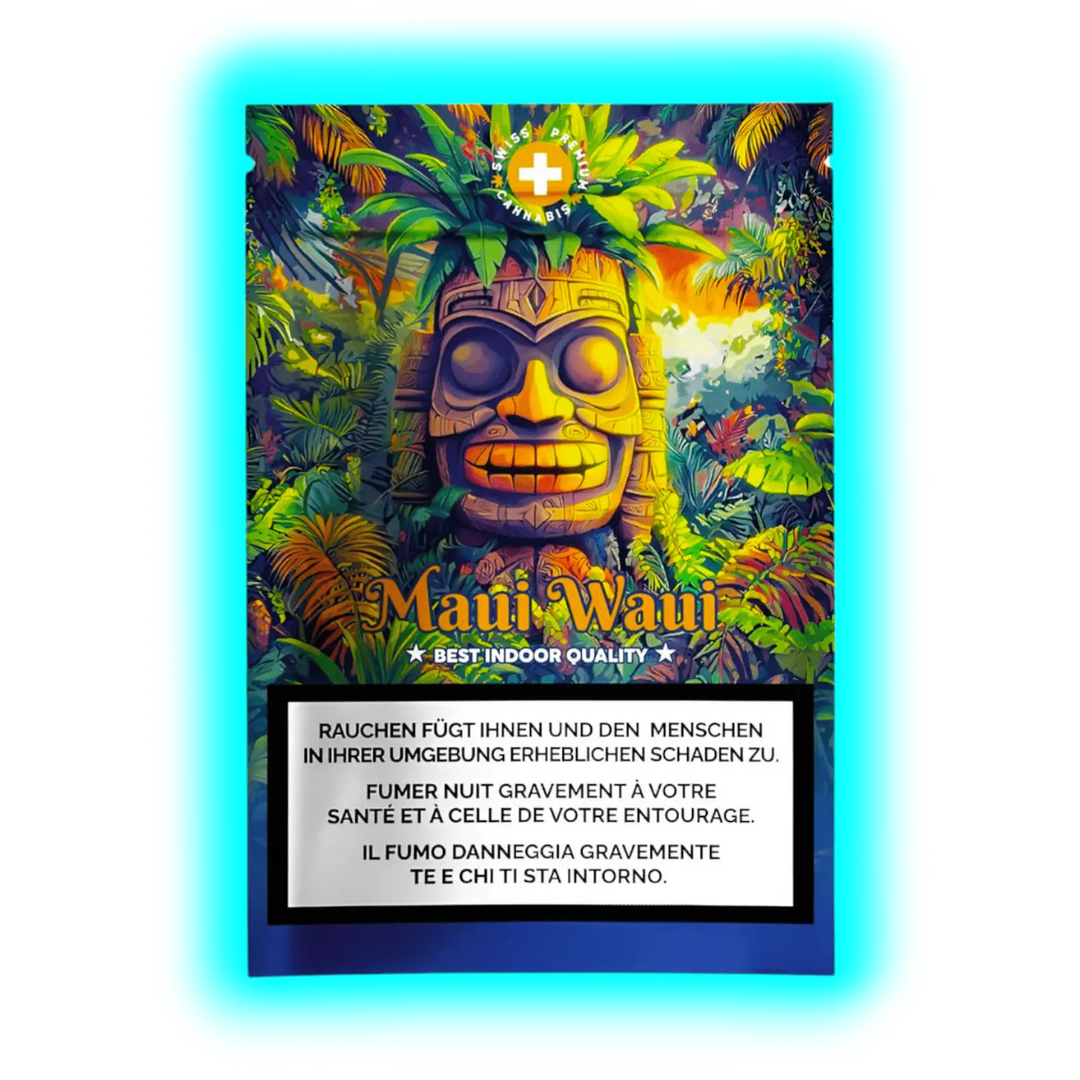 Maui Waui Best Indoor Quality – Produktverpackung mit exotischem Pflanzen-Artwork und dreisprachigen Gesundheitshinweisen.