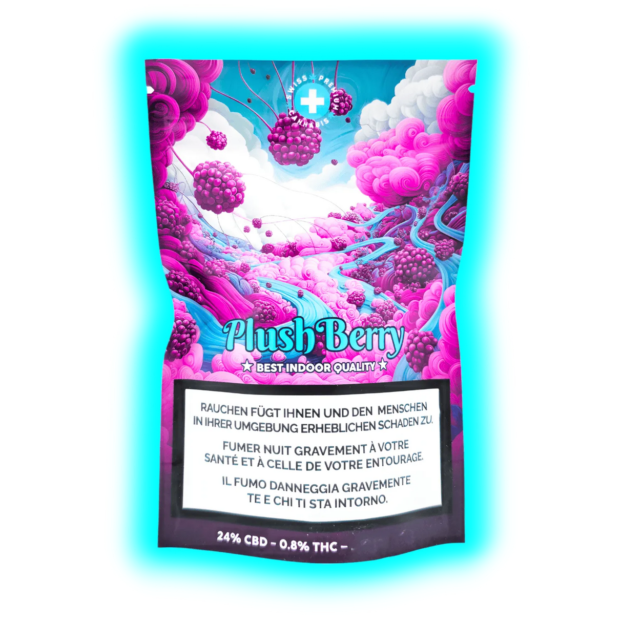 Verpackungs-Ausschnitt Plush Berry: Stilisierte Beerenmotive in Blau & Pink umgeben die gesetzlichen Warnhinweise zum Rauchen.