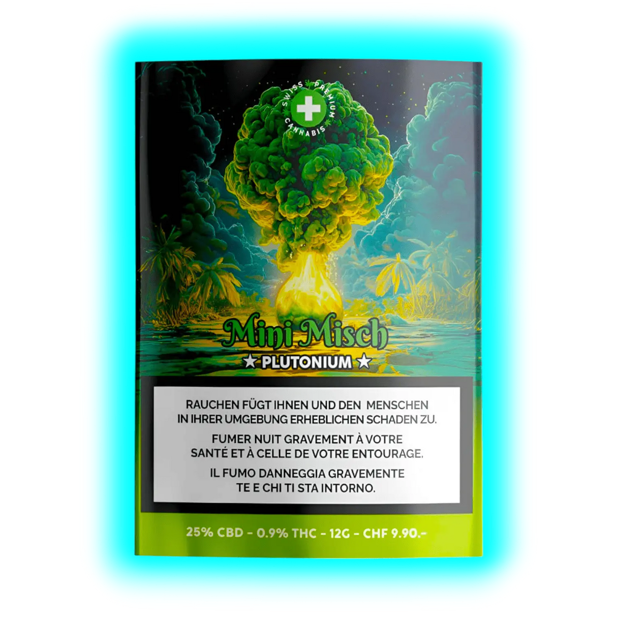 Misch PLUTONIUM: 25g für CHF 19,90. Design mit grüner Pilzwolke, 25% CBD und mehrsprachigen Warntexten.