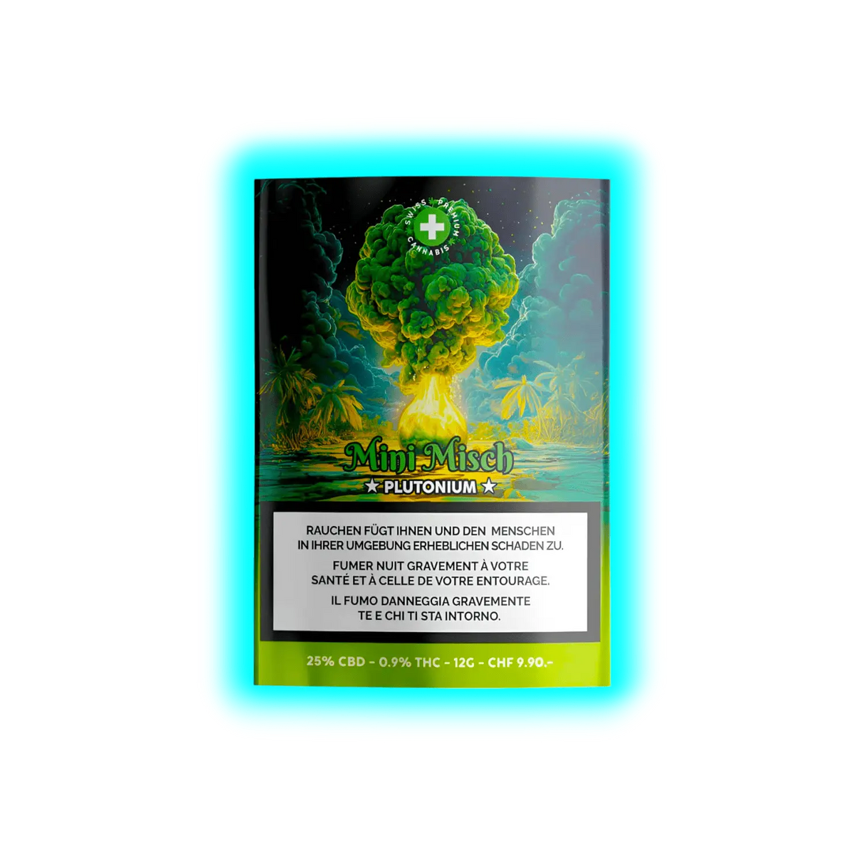 Misch PLUTONIUM CBD-Blüten (25%). Verpackung mit atomarem Pilz-Motiv, Preisangabe 19,90 und Laborwerten.