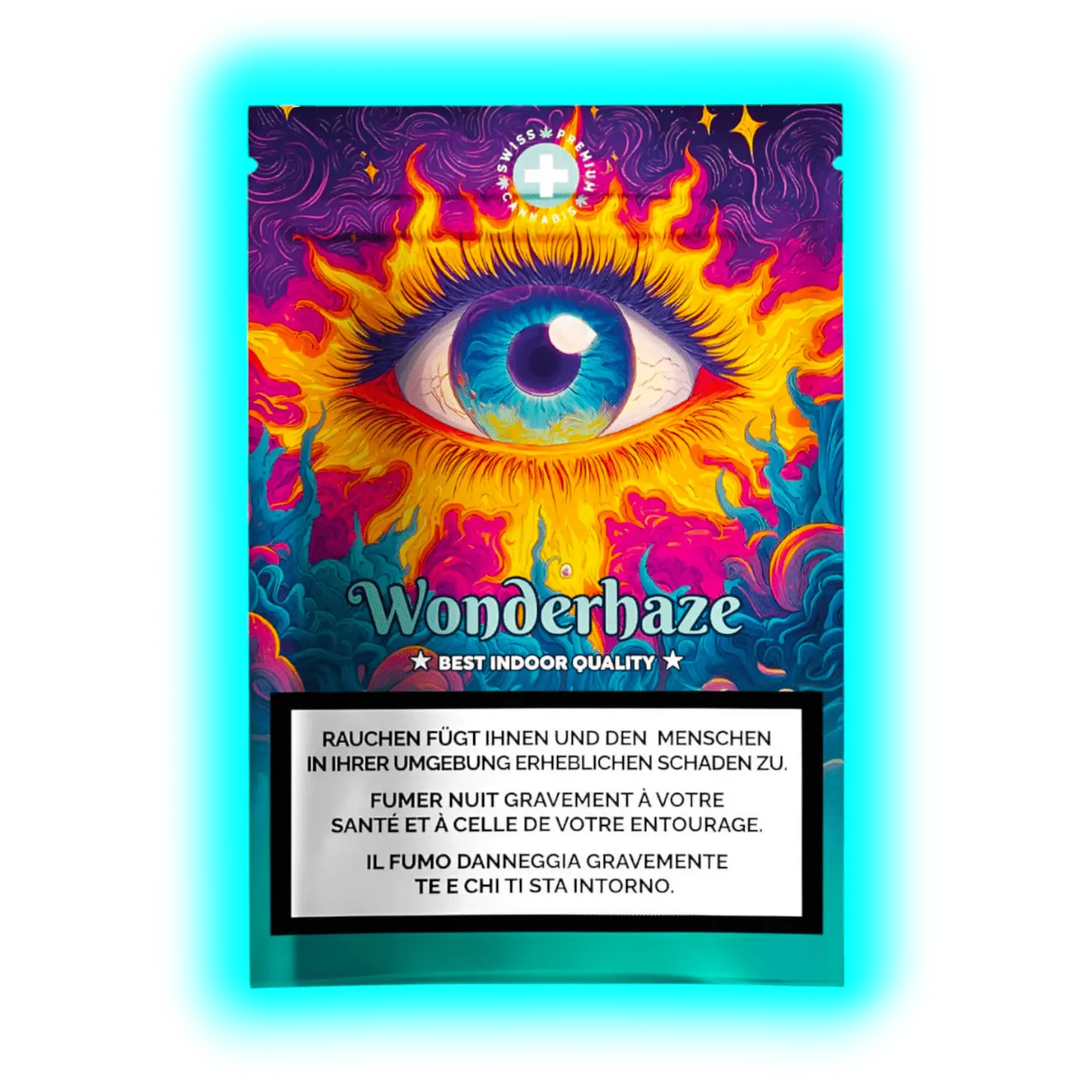 Wonderhaze Best Indoor Quality‘ Packung mit flammendem Auge und Wolken-Design über dreisprachigen Warnhinweisen.