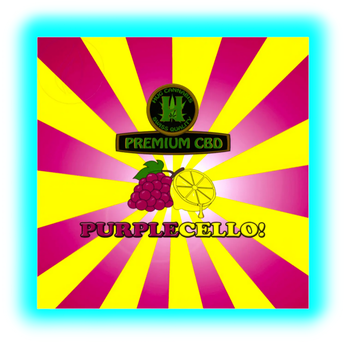 Nahaufnahme: Purplecello-Label. Dynamische Strahlen in Gelb-Rot hinter Trauben- und Zitronen-Icons unter dem Logo ‚PREMIUM CBD‘