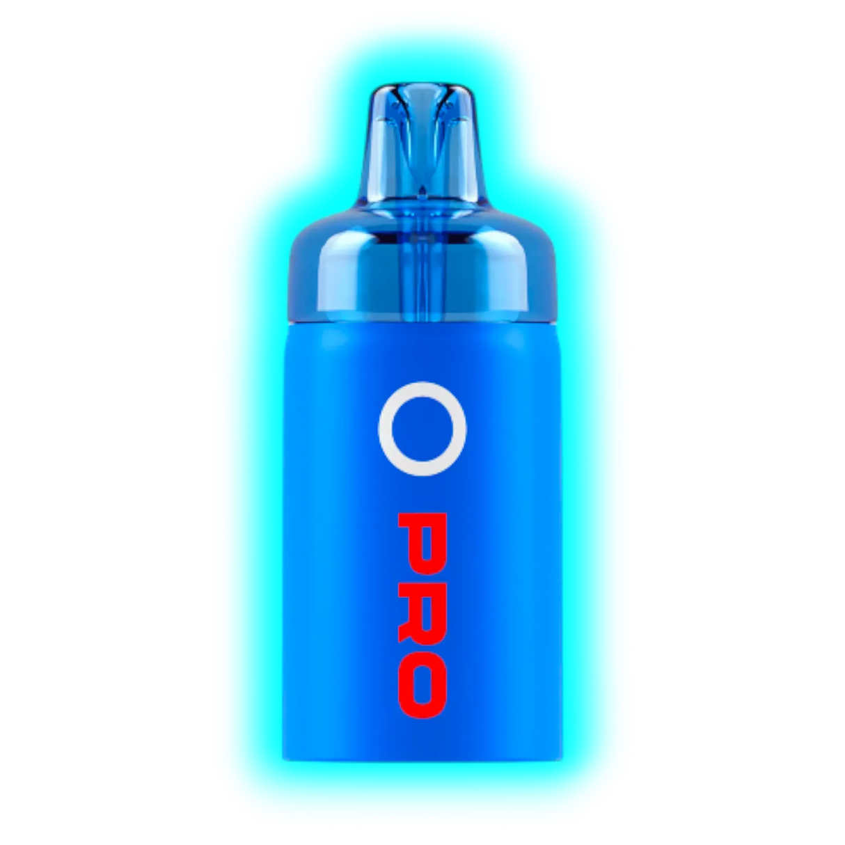 Blauer, zylindrischer Vape-Pod mit transparentem Mundstück und roter Aufschrift 'PRO' unter einem weißen Kreis