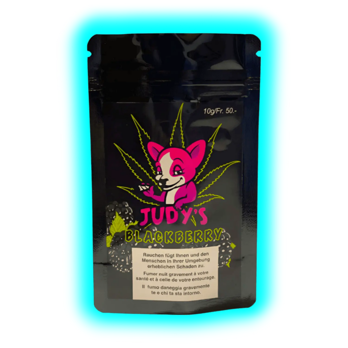 Judy's Blackberry CBD – Schwarze Verpackung mit Fuchs-Branding, Hanf-Motiv und gesetzlichen Warnungen (DE/FR/IT) zum Rauchen