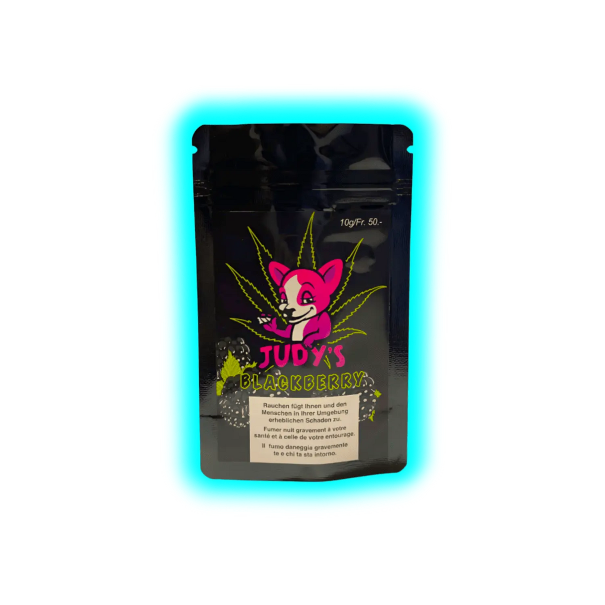 Schwarze Verpackung mit pinkem Fuchs-Logo, grünem Hanfblatt und der Aufschrift 'JUDY'S BLACKBERRY' sowie einem Warnhinweis zum Rauchen in Deutsch, Französisch und Italienisch