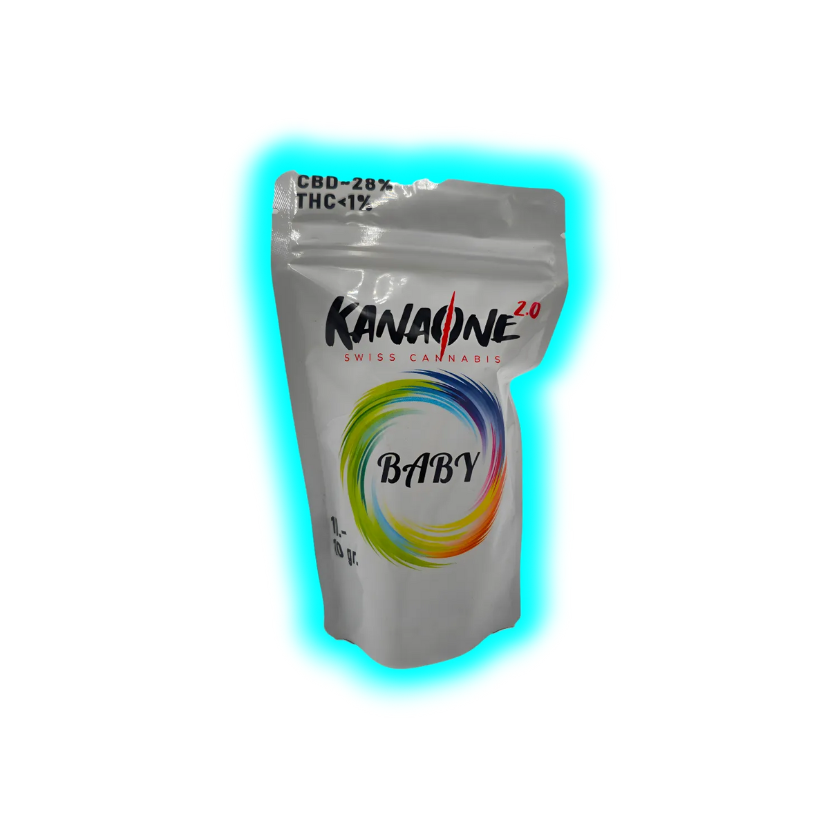Verpackung mit der Aufschrift 'KANAONE 2.0 SWISS CANNABIS BABY' und Angaben 'CBD-28%' und 'THC-1%'