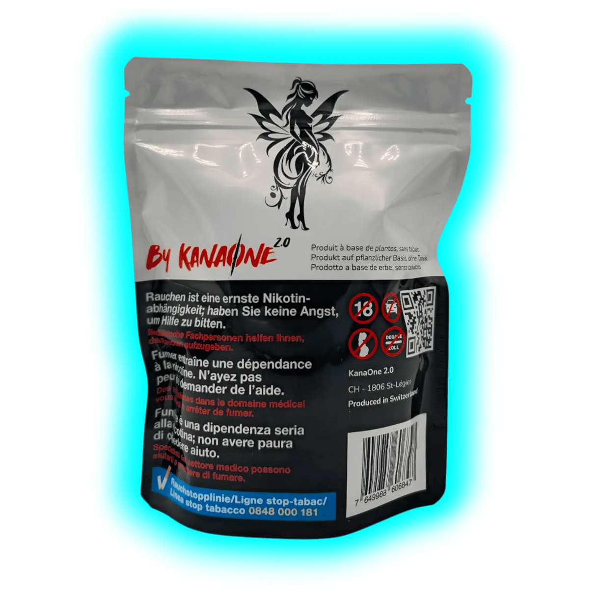 Verpackung mit dem Schriftzug 'By KANAONE 2.0' und Warnhinweisen zu Nikotinabhängigkeit in mehreren Sprachen, inklusive QR-Code und Barcode, hergestellt in der Schweiz