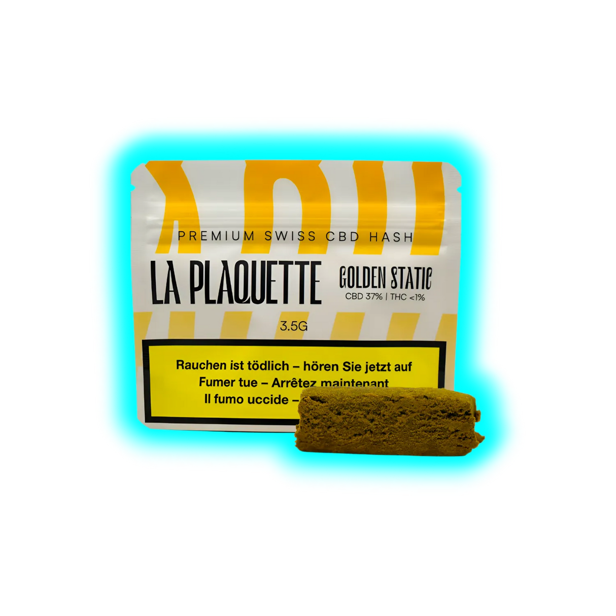 Verpackung mit der Aufschrift 'LA PLAQUETTE GOLDEN STATE' und einem Stück braunes CBD-Hasch daneben