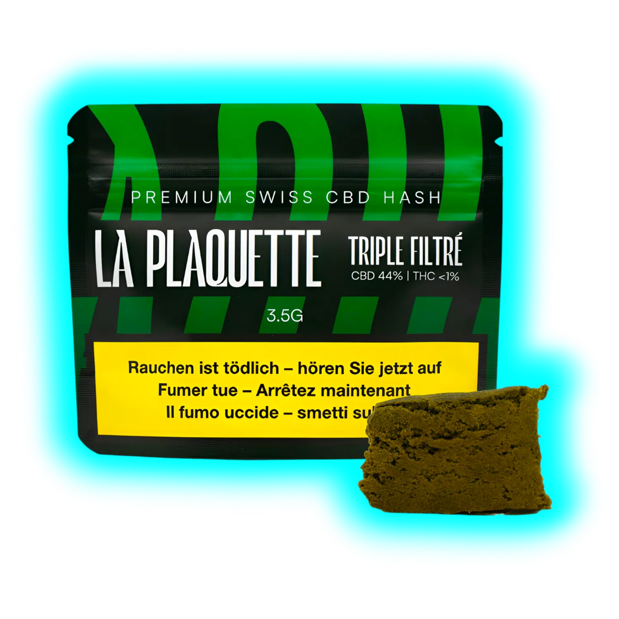 CBD-Hasch-Stück vor einer „LA PLAQUETTE TRIPLE FILTRÉ 3.5G“ Verpackung.