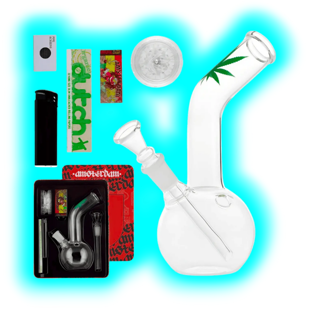 Leaf Bong giftset with 1 x Bong - 1 x Grinder - 1 x lighter - 5 x screen