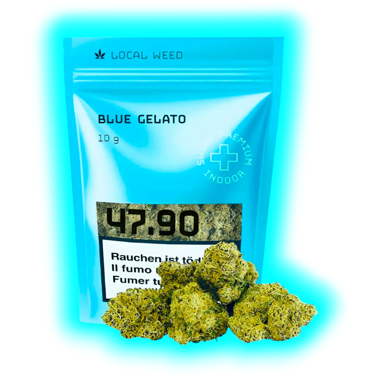 Nahaufnahme: Blue Gelato von Local Weed (10g, 42.90). Mehrere Hanfblüten präsentiert vor der blauen Marken-Verpackung.