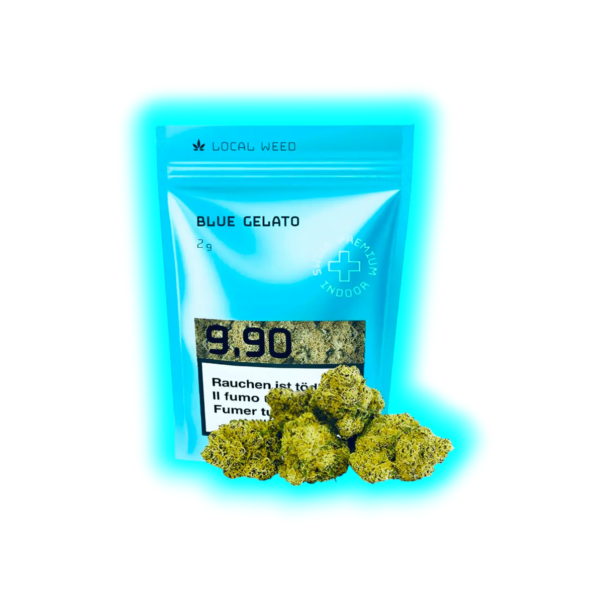 Blaues Verpackungsbeutel mit der Aufschrift 'LOCAL WEED BLUE GELATO 2g' und mehreren Cannabisblüten davor