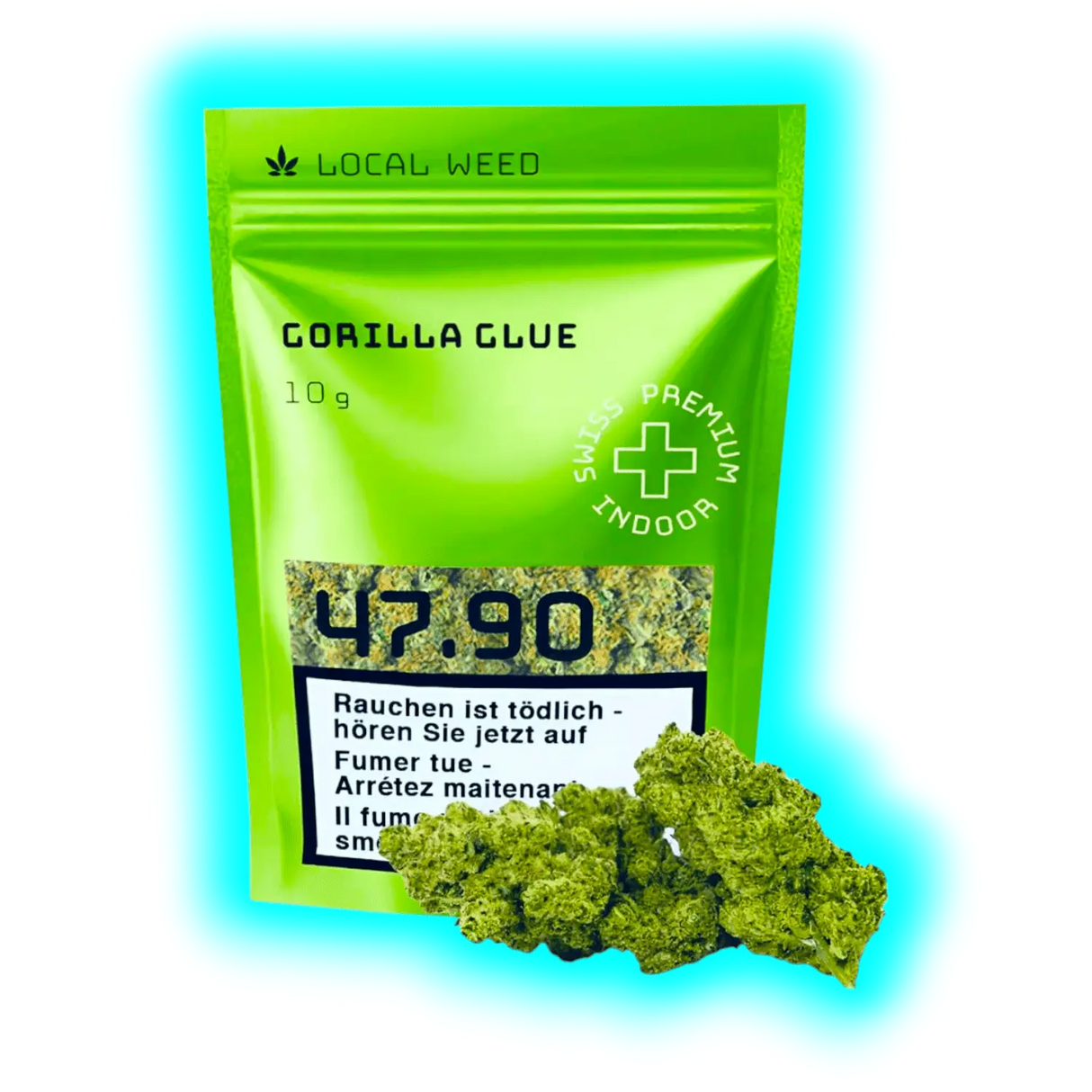 Nahaufnahme: Gorilla Glue von Local Weed (10g, 47.90). Grüne Packung mit Warnhinweisen (DE/FR/IT) und davor liegenden Blüten.