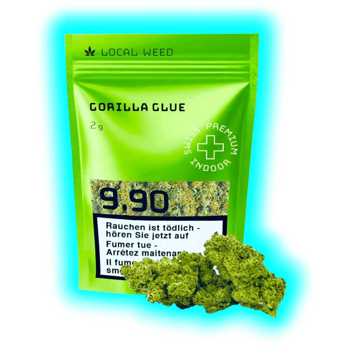 Nahaufnahme: Gorilla Glue (2g) für 9.90 CHF. Mehrere Hanfblüten präsentiert vor der farblich passenden grünen Verpackung.
