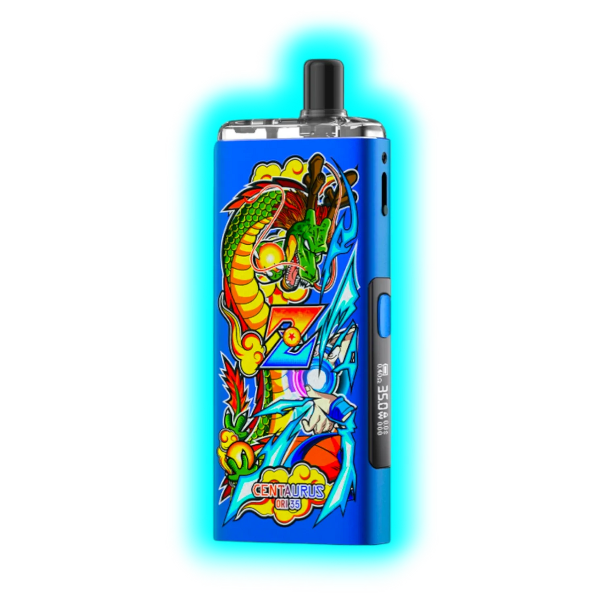 Blaues elektronisches Vape-Gerät mit farbenfrohem Drachen- und Blitzmotiv und Display mit Anzeige