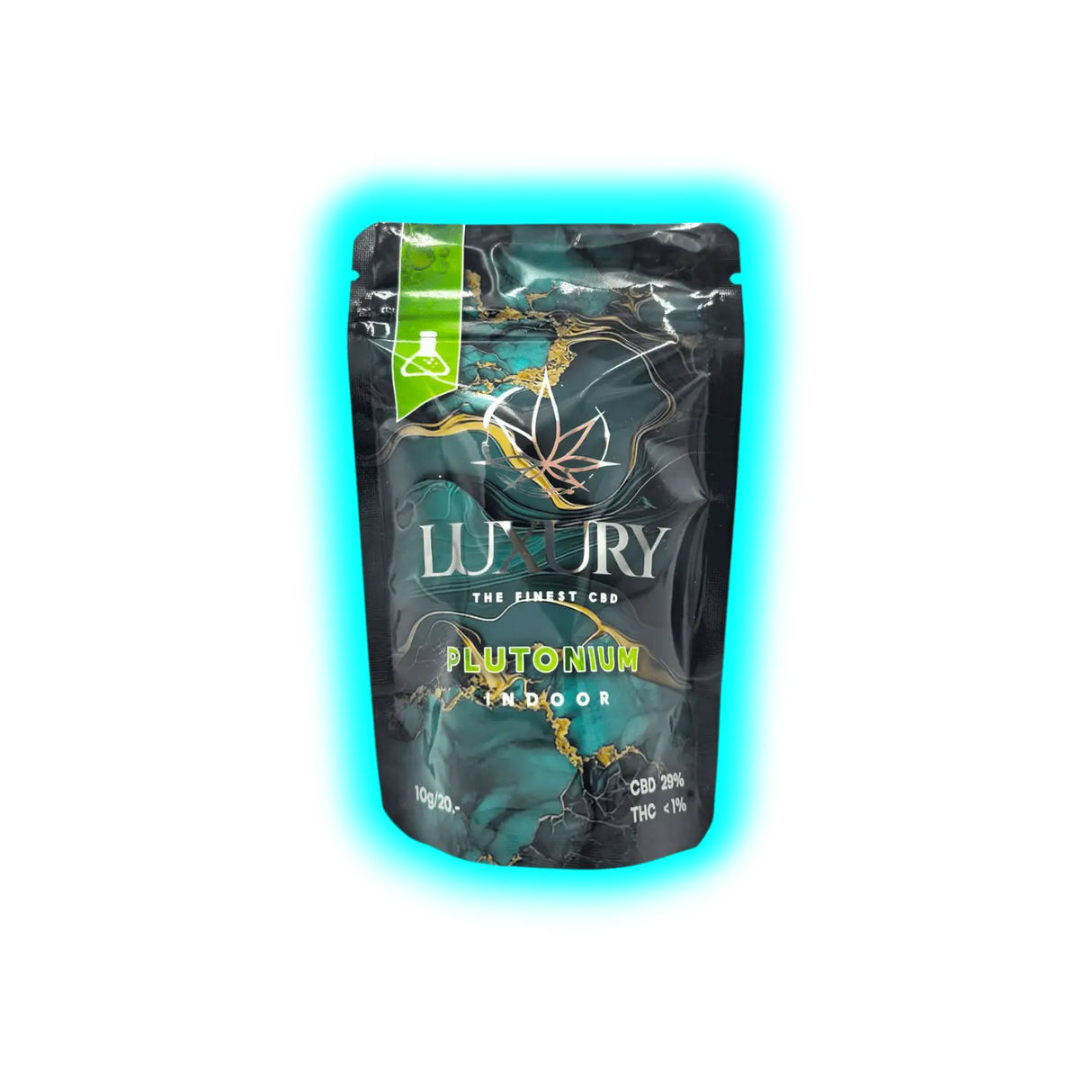 Verpackung mit der Aufschrift 'LUXURY THE FINEST CBD PLUTONIUM INDOOR' und Angaben zu CBD 29% sowie THC <1%